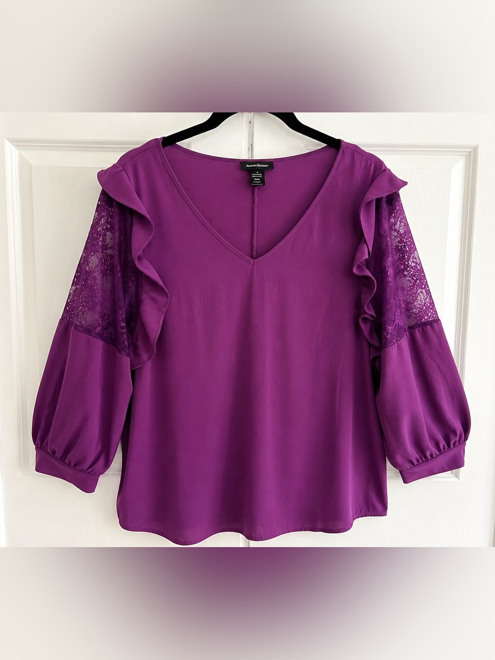 Ashley Stewart Purple V-Neck Ruffle Lace Sleeve Blouse